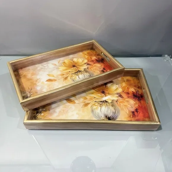 Rectangular Geometric Art Wood Tray Set of 2