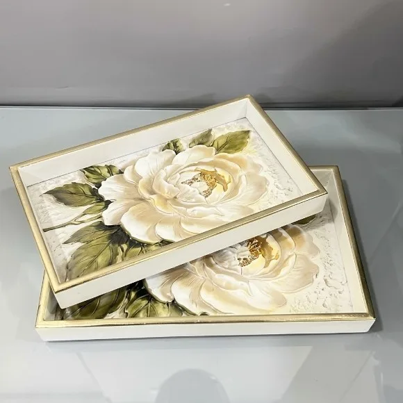 Rectangular Geometric Art Wood Tray Set of 2