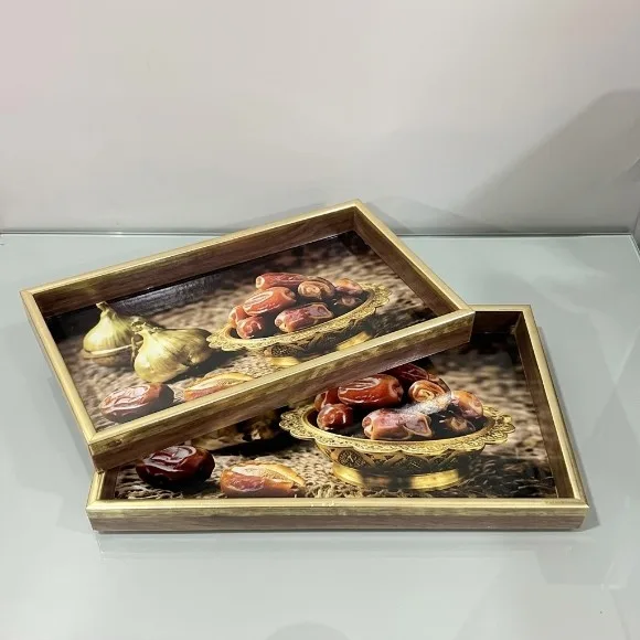 Rectangular Geometric Art Wood Tray Set of 2