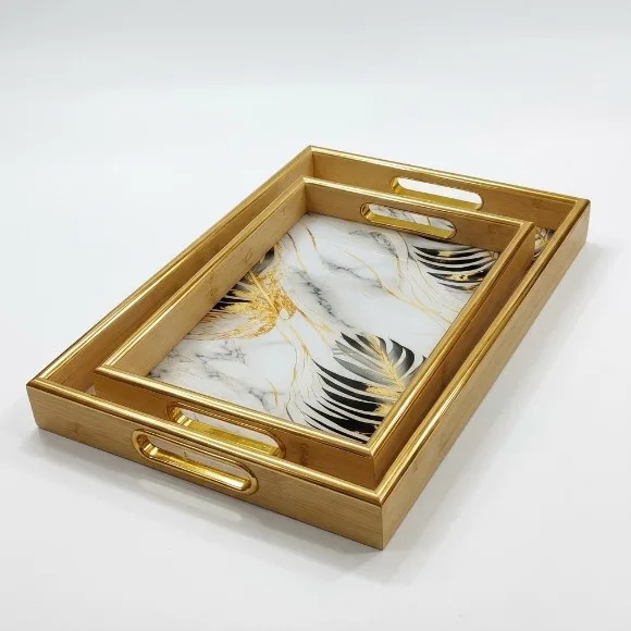 Rectangular Geometric Art Wood Tray Set of 2