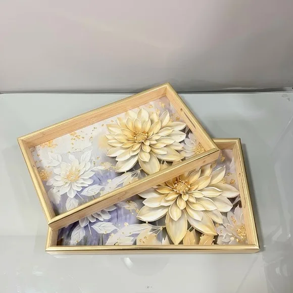 Rectangular Geometric Art Wood Tray Set of 2
