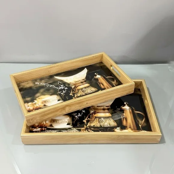 Rectangular Geometric Art Wood Tray Set of 2