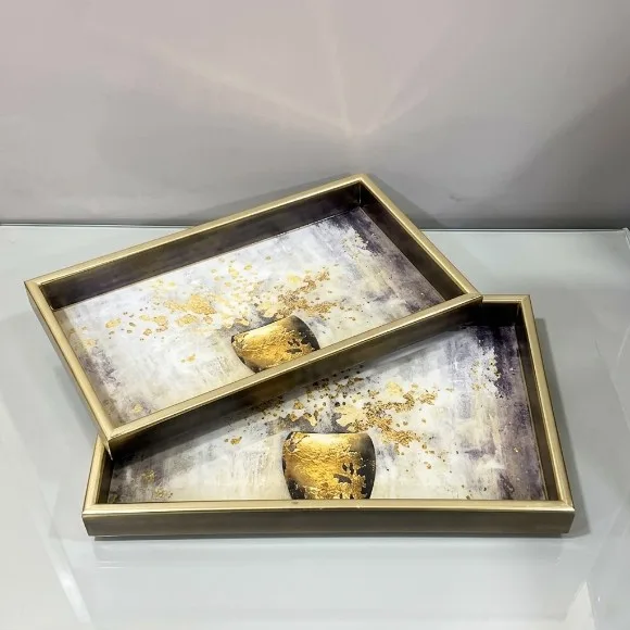 Rectangular Geometric Art Wood Tray Set of 2