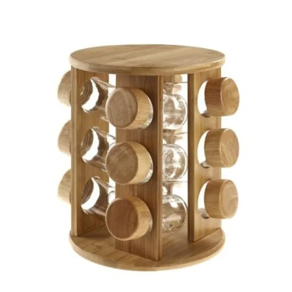 Revolving Rubber Wood Spice Rack 12 Pcs