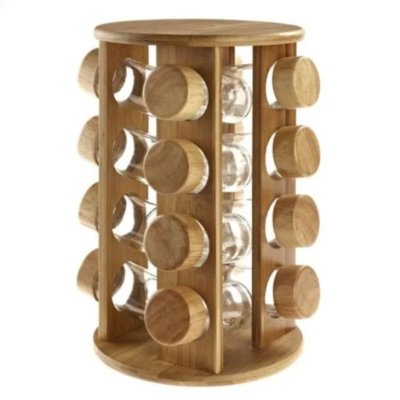 Revolving Rubber Wood Spice Rack 16 Pcs