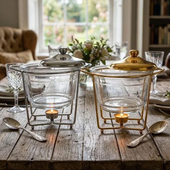 Round Glass Chafing Soup & Fondue Dish with Polished Chrome Stand Stainless Steel Lid & Tealight Warmer 4.0 Liter
