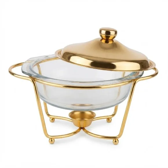 Round Glass Chafing Soup & Fondue Dish with Polished Chrome Stand Stainless Steel Lid & Tealight Warmer 2.0 Liter