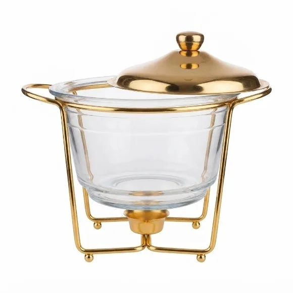 Round Glass Chafing Soup & Fondue Dish with Polished Chrome Stand Stainless Steel Lid & Tealight Warmer 4.0 Liter