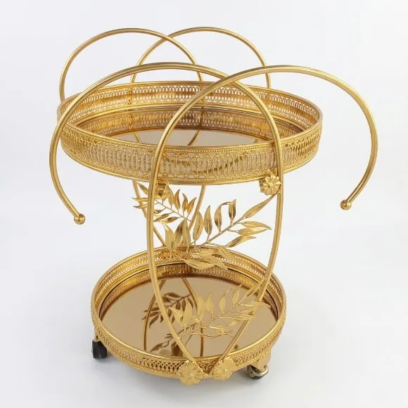 Royal Gold 2-Tier Rolling Bar Cart – Decorative Metal Tea & Dessert Trolley with Wheels