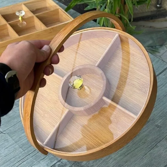 Bamboo Wood Round 5-Compartment Dry Fruit Tray with Handle 30cm
