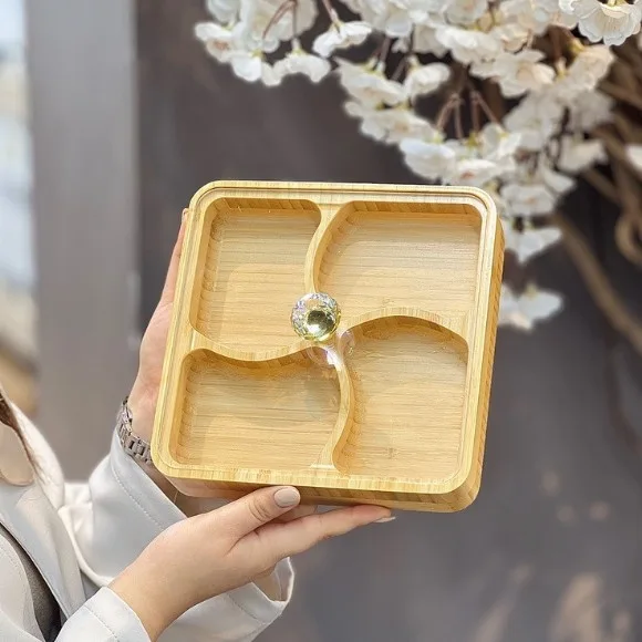 Bamboo Wooden Snack Serving Tray Dry Fruit Plate 4 Compartment