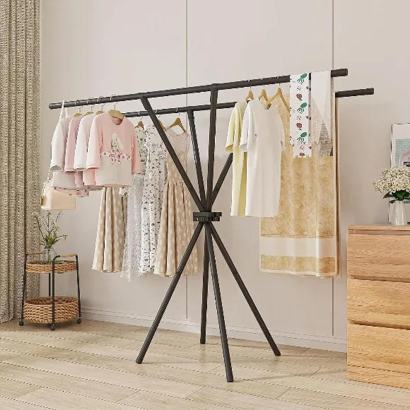 Heavy-Duty X-Shaped Folding Double Pole Clothes Drying Rack