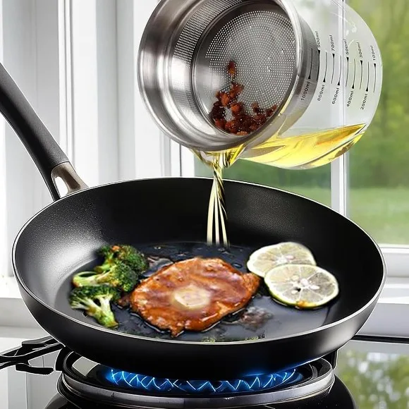 Glass Oil Strainer Container with Fine Mesh Strainer (1.0L) | Drip-free Spout, High Borosilicate Glass, Non-slip Base, Stainless Steel Lid thumbnail 6