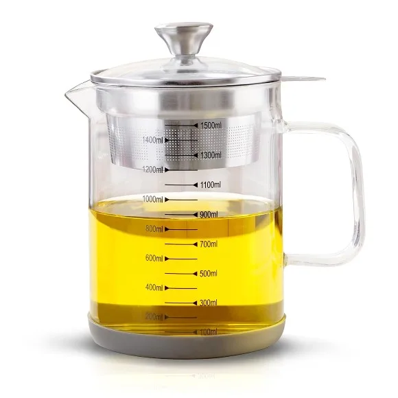 Glass Oil Strainer Container with Fine Mesh Strainer (1.0L) | Drip-free Spout, High Borosilicate Glass, Non-slip Base, Stainless Steel Lid thumbnail 2