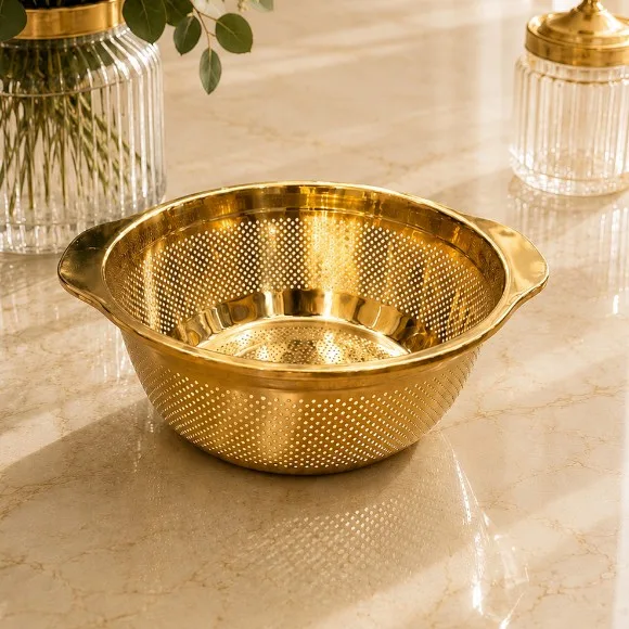 Luxury Gold Stainless Steel Kitchen Colander Bowl with Dual Handles thumbnail 2