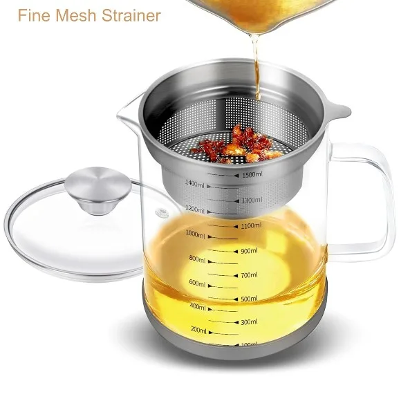 Glass Oil Strainer Container with Fine Mesh Strainer (1.0L) | Drip-free Spout, High Borosilicate Glass, Non-slip Base, Stainless Steel Lid thumbnail 3