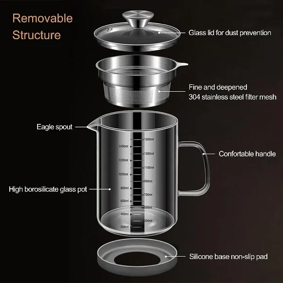 Glass Oil Strainer Container with Fine Mesh Strainer (1.0L) | Drip-free Spout, High Borosilicate Glass, Non-slip Base, Stainless Steel Lid thumbnail 4