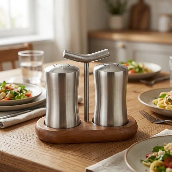 Shengya Stainless Steel Wooden Base Seasoning Set Salt & Pepper Shakker Set
