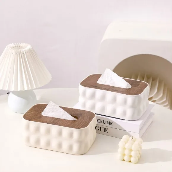 Simple Creative Creamy Style Wooden Lid Plastic Tissue Box