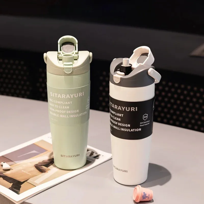SITARAYURI Stainless Steel Insulated Bottle 900ML Double Drink Straw Thermos Cup Leak-proof Cups Hot Cold