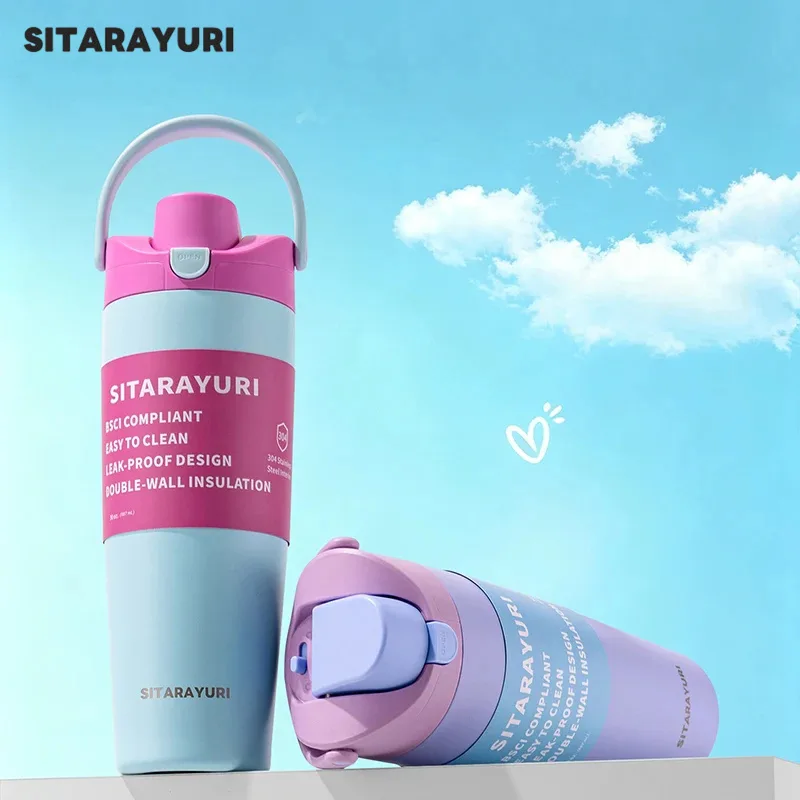 SITARAYURI Stainless Steel Insulated Bottle 900ML Double Drink Straw Thermos Cup Leak-proof Cups Hot Cold