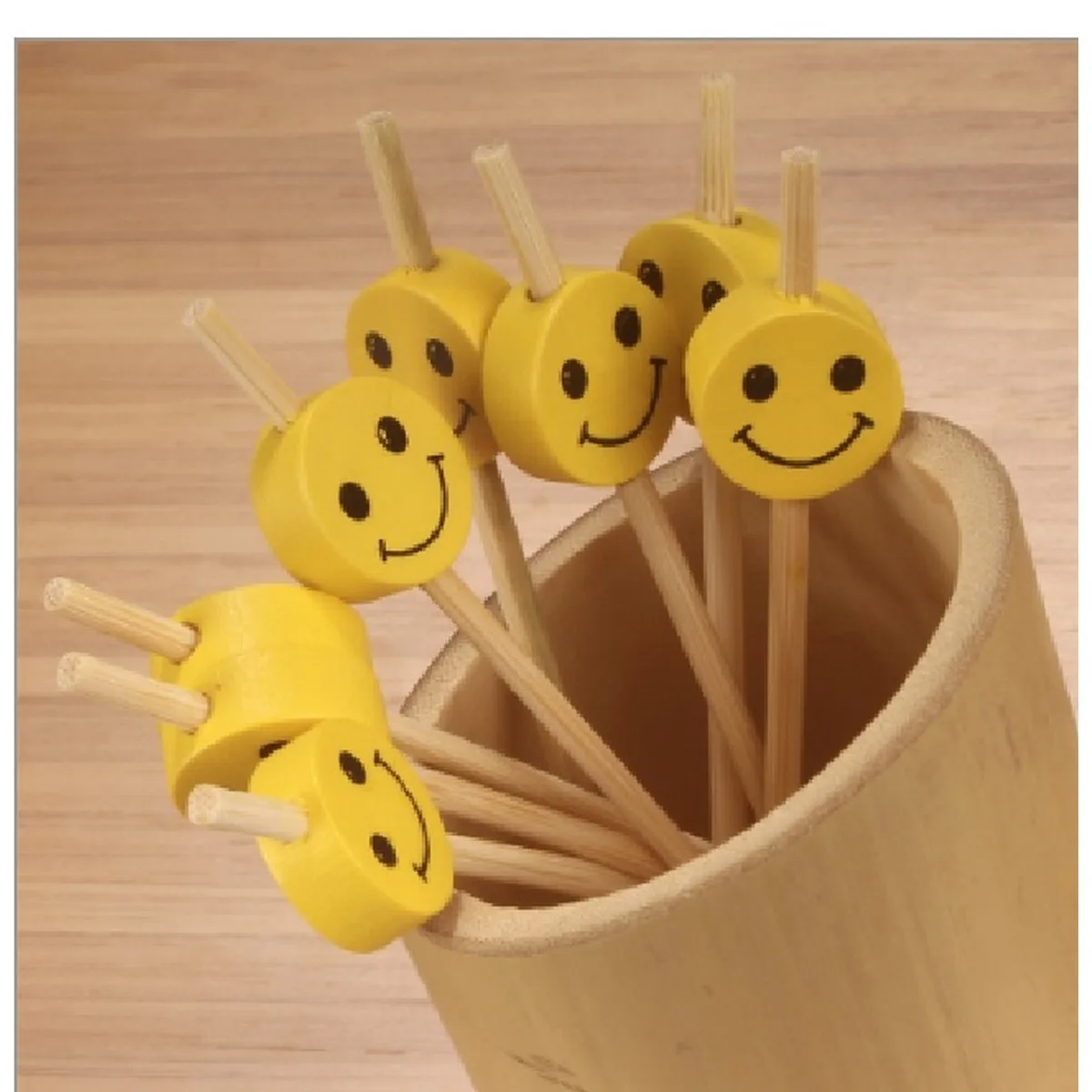 Smiley Shape Bamboo Cocktail Picks Food Sticks Toothpicks Fruit 12 Pieces