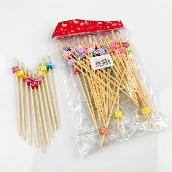 Smiley Shape Bamboo Cocktail Picks Food Sticks Toothpicks Fruit 12 Pieces