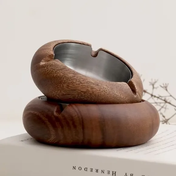 Solid Walnut Wood Round Vintage Ashtray Stainless Steel Inner Liner Removable for Easy Cleaning