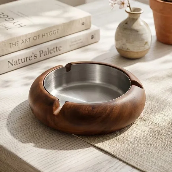 Solid Walnut Wood Round Vintage Ashtray Stainless Steel Inner Liner Removable for Easy Cleaning