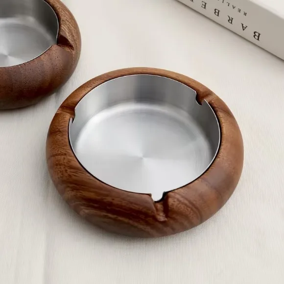 Solid Walnut Wood Round Vintage Ashtray Stainless Steel Inner Liner Removable for Easy Cleaning