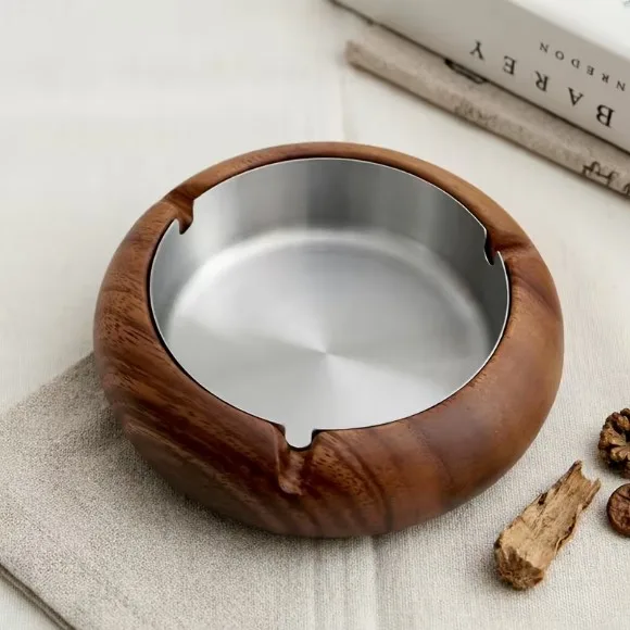 Solid Walnut Wood Round Vintage Ashtray Stainless Steel Inner Liner Removable for Easy Cleaning