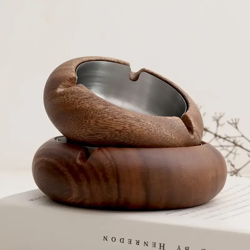 1pc solid wood round ashtray walnut indoor vintage ashtray stainless steel inner liner removable for perfect as a gift for dad boyfriend or Product details 0