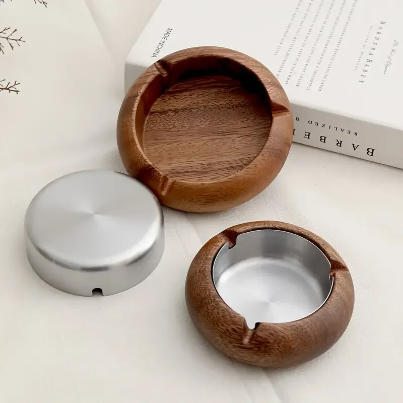 1pc solid wood round ashtray walnut indoor vintage ashtray stainless steel inner liner removable for perfect as a gift for dad boyfriend or Product details 2