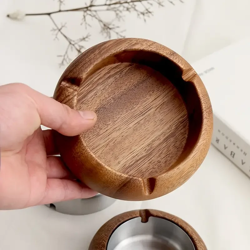 1pc solid wood round ashtray walnut indoor vintage ashtray stainless steel inner liner removable for perfect as a gift for dad boyfriend or Product details 3