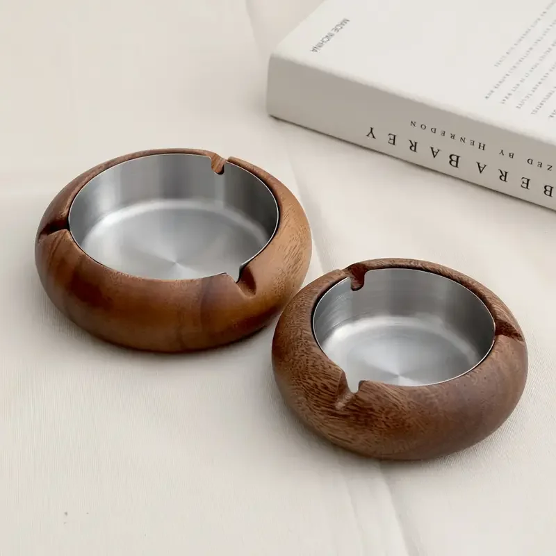 1pc solid wood round ashtray walnut indoor vintage ashtray stainless steel inner liner removable for perfect as a gift for dad boyfriend or Product details 4
