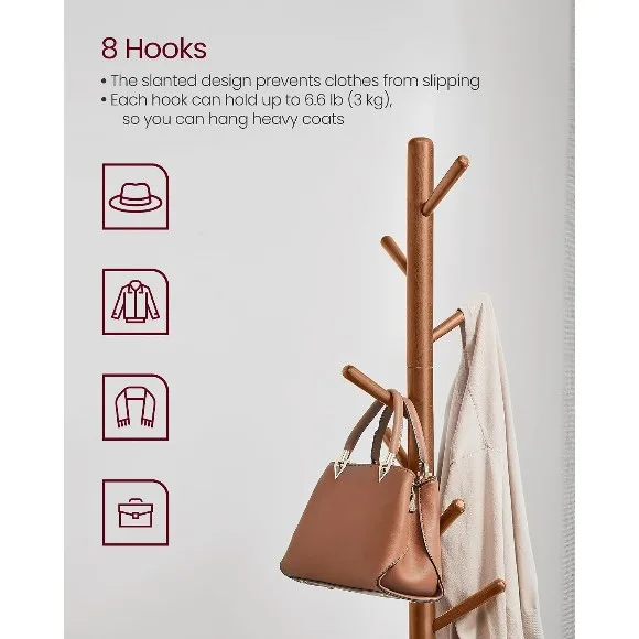 Solid Wood Coat Rack, Free Standing Tree-Shaped Coat Rack with 8 Hook