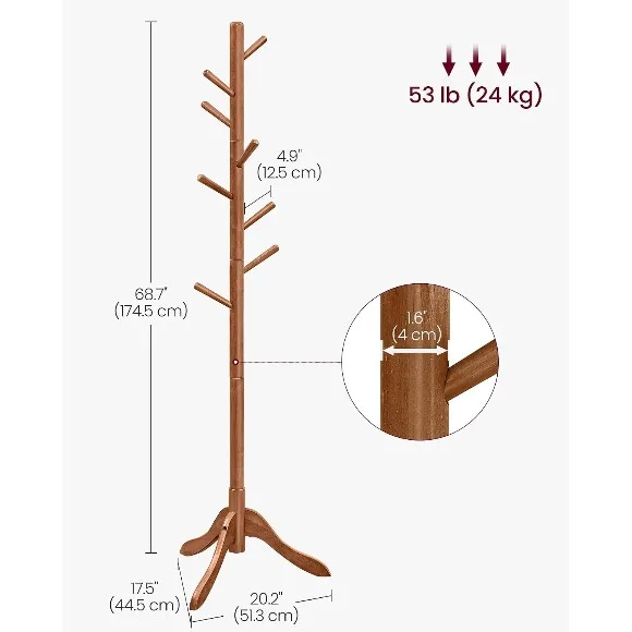 Solid Wood Coat Rack, Free Standing Tree-Shaped Coat Rack with 8 Hook