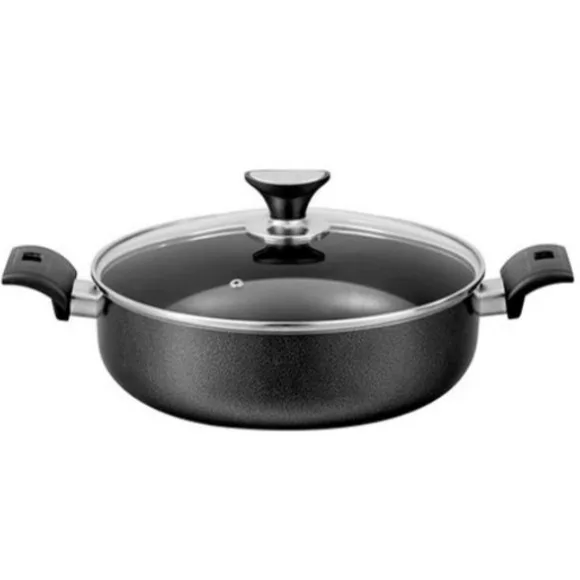 Sonex Non-Stick Flat Cooking Wok With Glass Lid - 36cm - Black