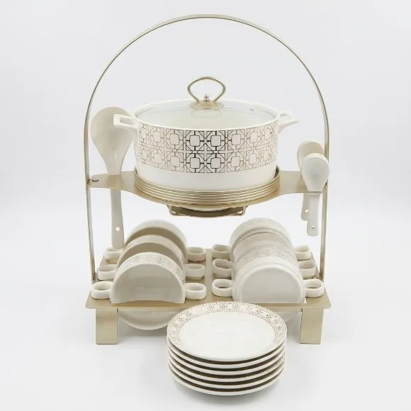 Luxury 2-Tier Ceramic Soup Tureen Set with Warming Stand & Carry Handle