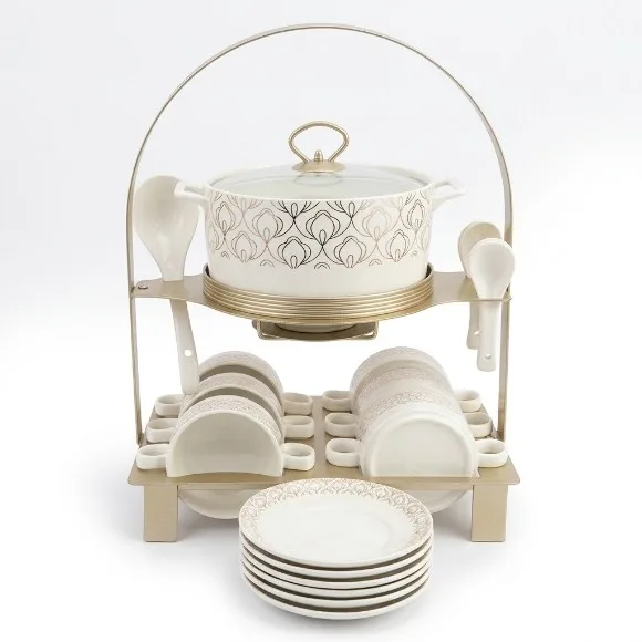Luxury 2-Tier Ceramic Soup Tureen Set with Warming Stand & Carry Handle