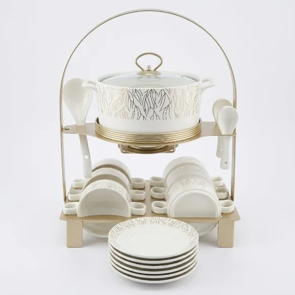 Luxury 2-Tier Ceramic Soup Tureen Set with Warming Stand & Carry Handle