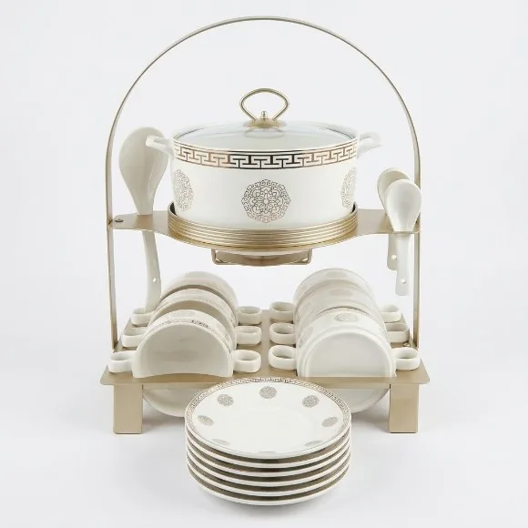 Luxury 2-Tier Ceramic Soup Tureen Set with Warming Stand & Carry Handle