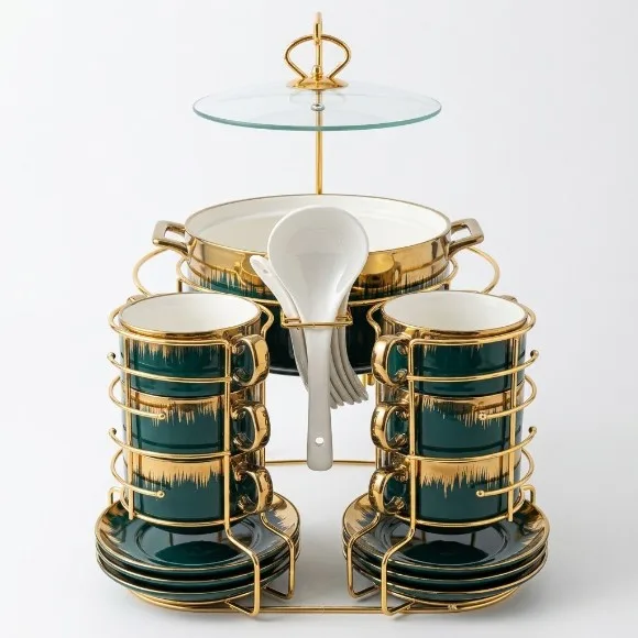 Luxury Gold Ceramic Soup Serving Set with Elevated Glass Lid Stand