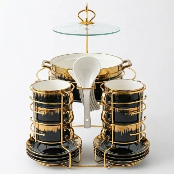 Luxury Gold Ceramic Soup Serving Set with Elevated Glass Lid Stand