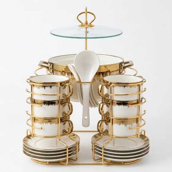 Luxury Gold Ceramic Soup Serving Set with Elevated Glass Lid Stand