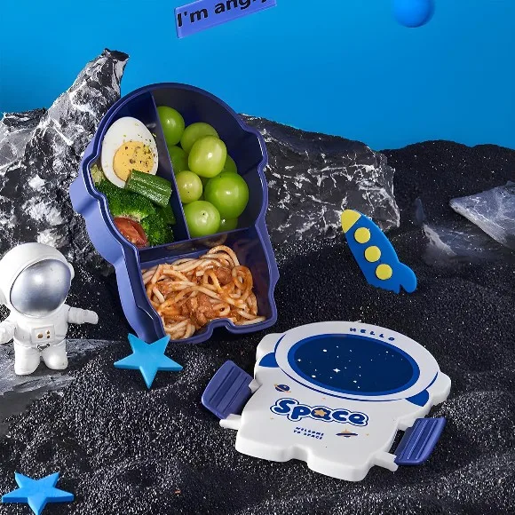 Space Theme Lunch Box with 3 compartments, BPA Free Tiffin Box with Cutlery