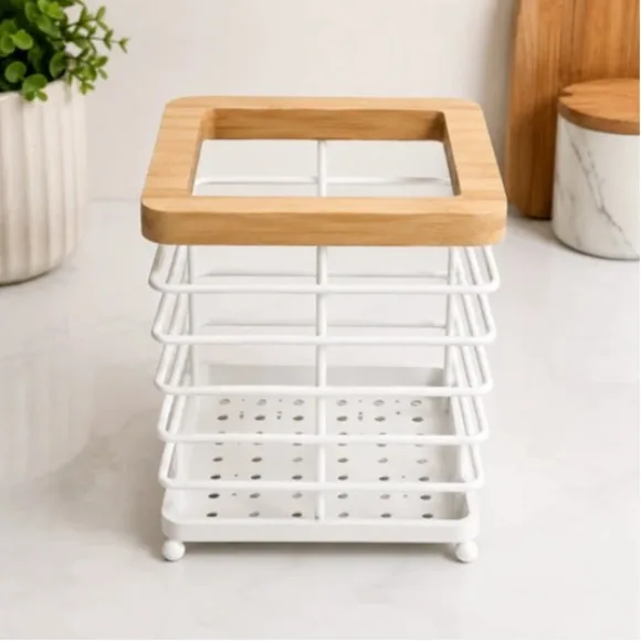 Square Metal Wooden Cutlery Holder