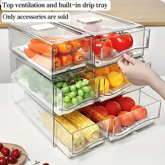 Stackable Plastic Refrigerator Drawer Organizer Removable Drain Tray Fridge Box