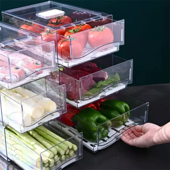 Stackable Plastic Refrigerator Drawer Organizer Removable Drain Tray Fridge Box