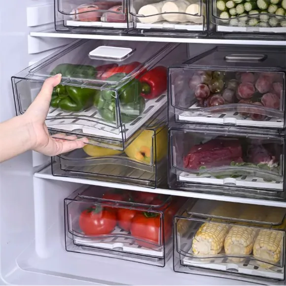 Stackable Plastic Refrigerator Drawer Organizer Removable Drain Tray Fridge Box